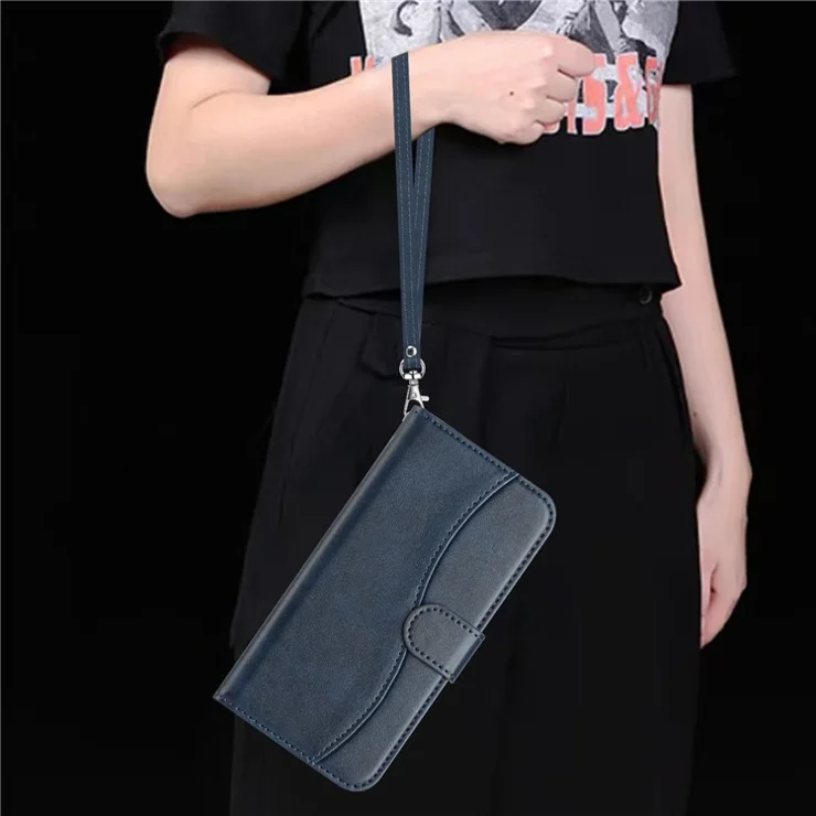 For iPhone 16 Plus Stand Case with Strap PU Leather Wallet Phone Cover S Shape Stitching Design - Navy Blue