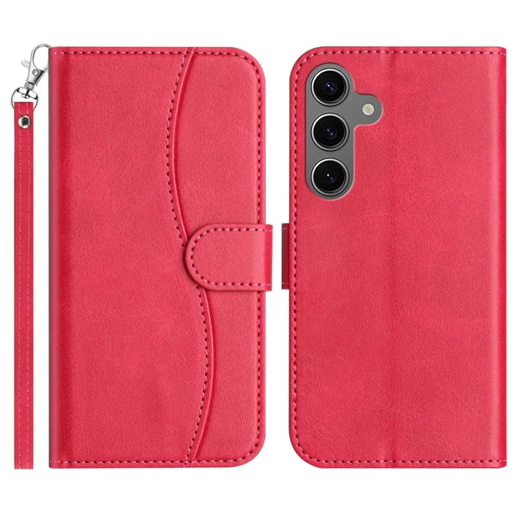 For Samsung Galaxy S24 Stand Case with Strap PU Leather Wallet Phone Cover S Shape Stitching Design - Rose
