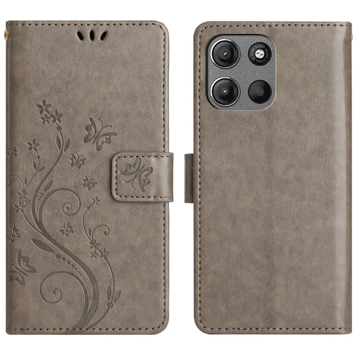 For Motorola Moto G Play (2025) 4G / G Power (2025) Leather Wallet Case Butterfly Flower Imprinted Phone Cover with Strap - Grey