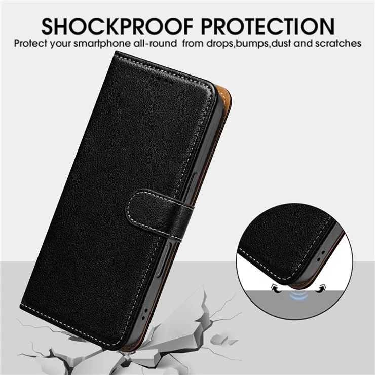 For iPhone 16e Case Wallet RFID Blocking Litchi Texture Leather Phone Cover - Black