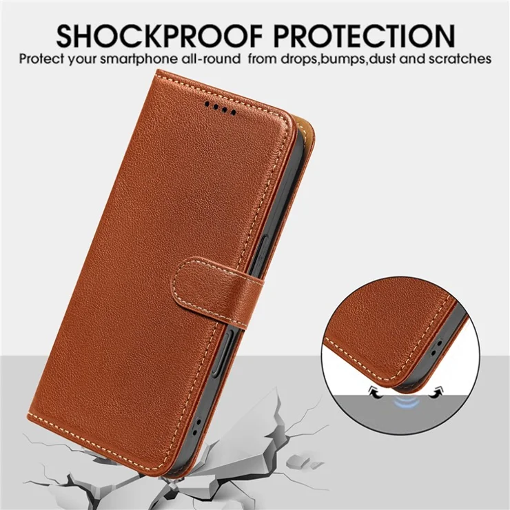 For iPhone 16e Case Wallet RFID Blocking Litchi Texture Leather Phone Cover - Brown