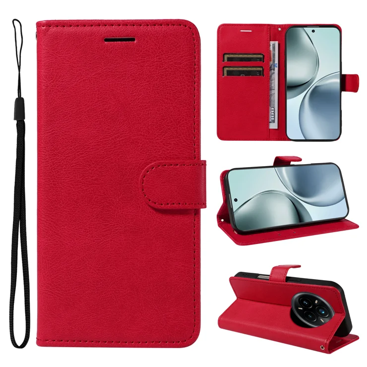For Realme 14 Pro+ 5G Leather Wallet Case with Strap Solid Color Phone Stand Cover - Red