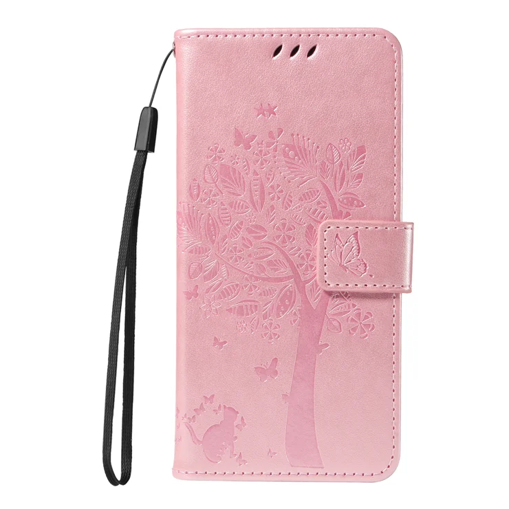 For Realme 14 Pro+ 5G Phone Case with Stand Cat Tree Pattern Leather Wallet Mobile Cover - Rose Gold