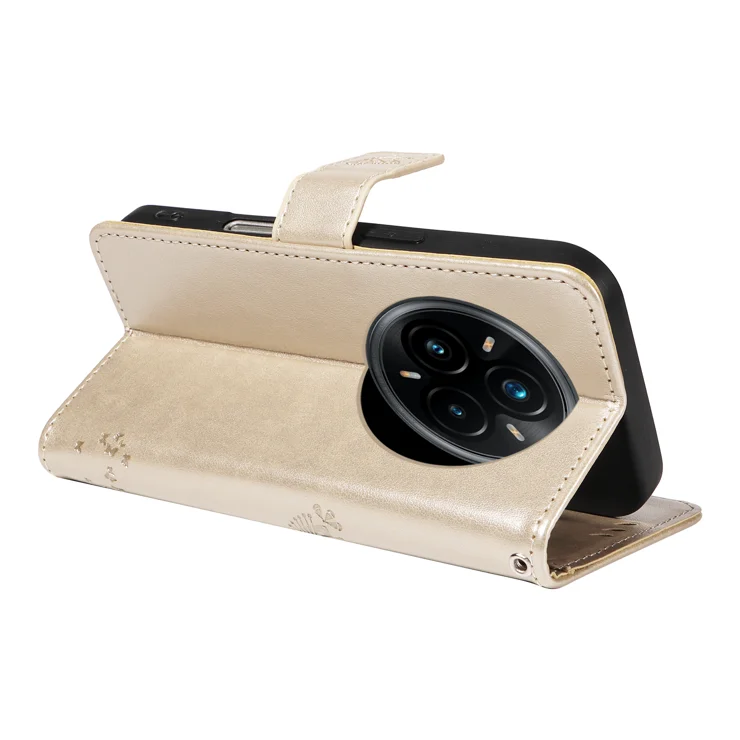 For Realme 14 Pro+ 5G Phone Case with Stand Cat Tree Pattern Leather Wallet Mobile Cover - Gold