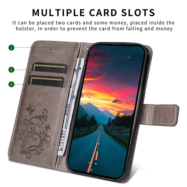 For Realme 14 Pro 5G Wallet Case Floral Butterfly Imprinted Leather Phone Cover Stand - Grey