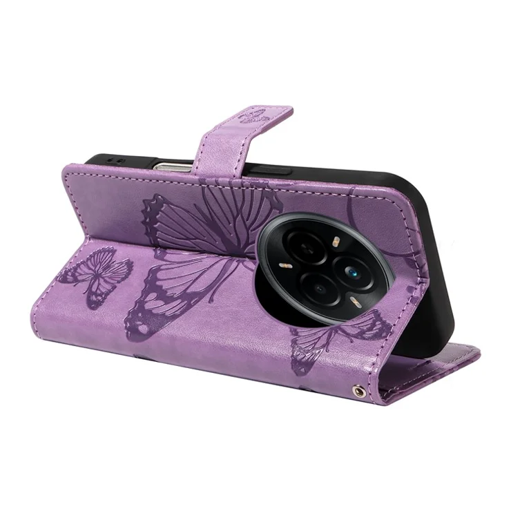 For Realme 14 Pro 5G Wallet Case Floral Butterfly Imprinted Leather Phone Cover Stand - Light Purple