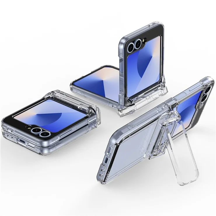 For Samsung Galaxy Z Flip6 5G Case Spring Hinge Kickstand PC Folding Phone Cover with Card Slot - Transparent
