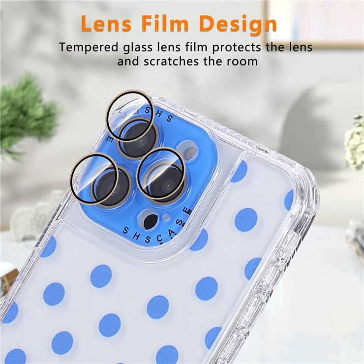 For iPhone 16 Pro Case Polka Dot Pattern Clear PC + TPU Phone Cover with Lens Film - Blue