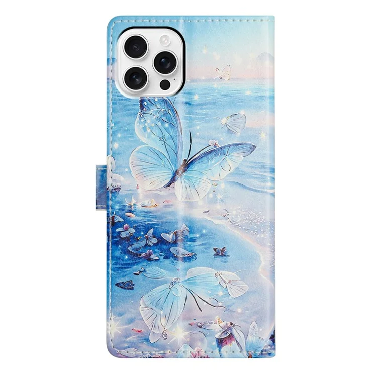 For iPhone 16 Pro Max Wallet Phone Case PU Leather Flip Cover with Stand Card Holder Painted Design - Ocean Butterfly