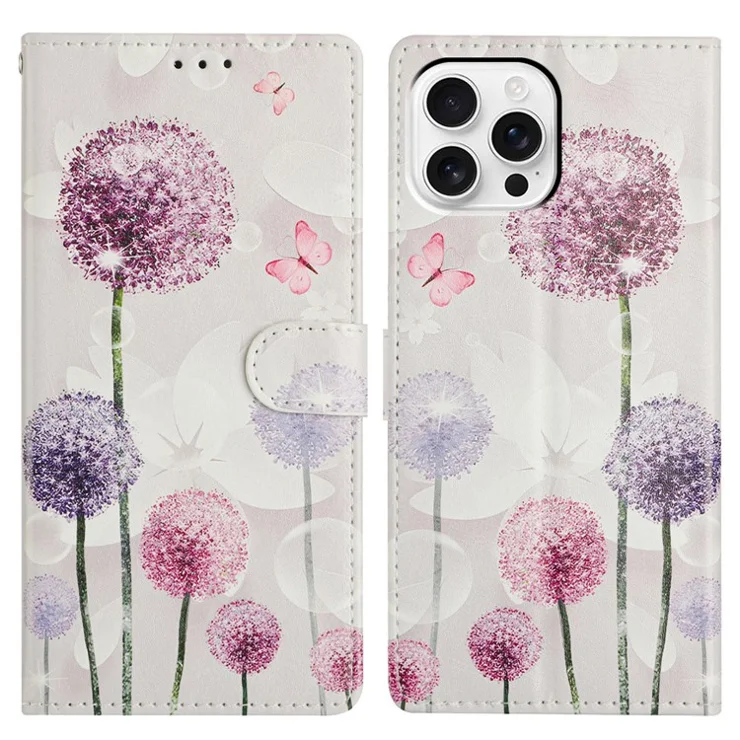 For iPhone 16 Pro Wallet Phone Case PU Leather Flip Cover with Stand Card Holder Painted Design - Dandelion