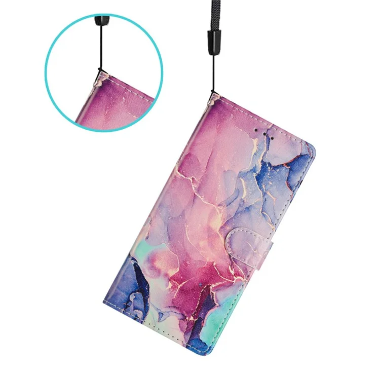 For iPhone 16 Pro Wallet Phone Case PU Leather Flip Cover with Stand Card Holder Painted Design - Green Pink Marble