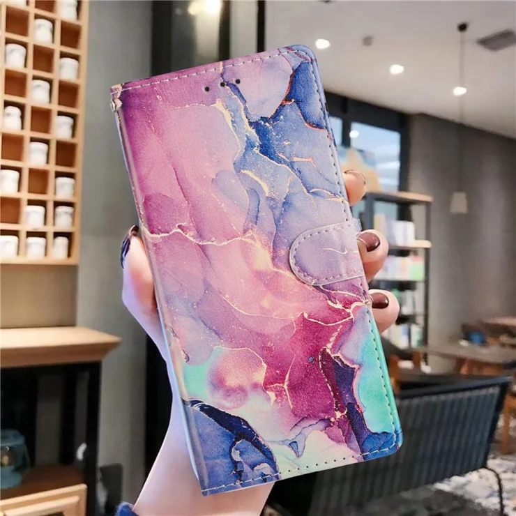 For iPhone 15 Wallet Phone Case PU Leather Flip Cover with Stand Card Holder Painted Design - Green Pink Marble