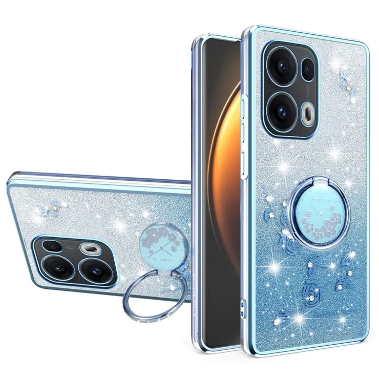 KADEM For Oppo Reno13 Pro 5G Case Ring Kickstand TPU Flowers Phone Cover Gradient Glitter - Blue
