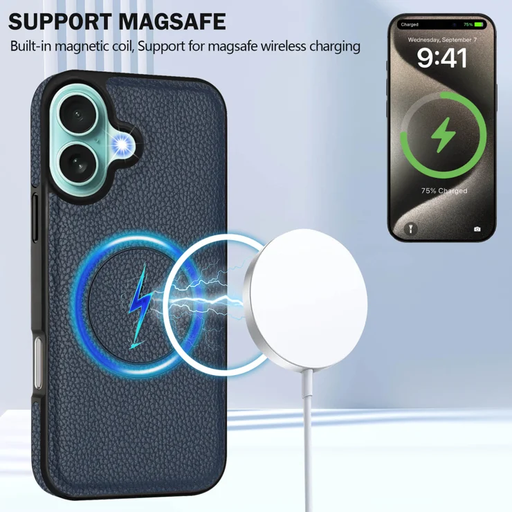 For iPhone 16 CX01 Magnetic Case TPU + PU Leather Phone Back Cover with Detachable Card Holder - Dark Blue