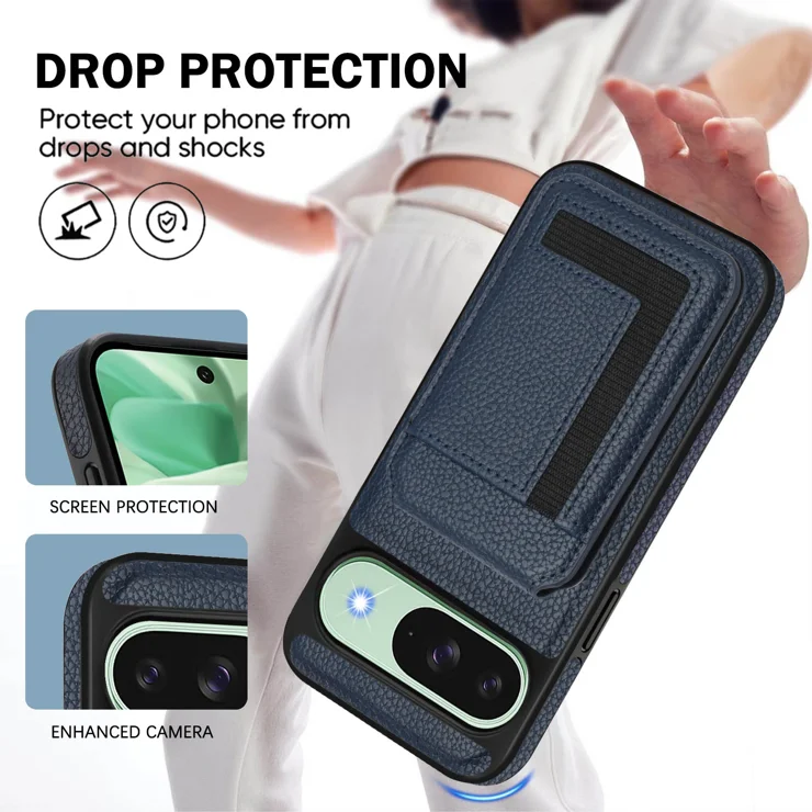 For Google Pixel 9 Pro / Google Pixel 9 CX01 Magnetic Case TPU + PU Leather Phone Back Cover with Detachable Card Holder - Dark Blue