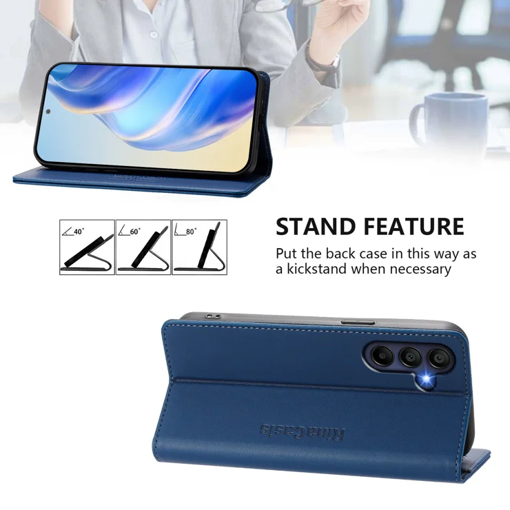 For Samsung Galaxy A16 5G / Galaxy A16 4G Leather Case RINACASIS RC01 Phone Cover with RFID Blocking Wallet Stand - Dark Blue