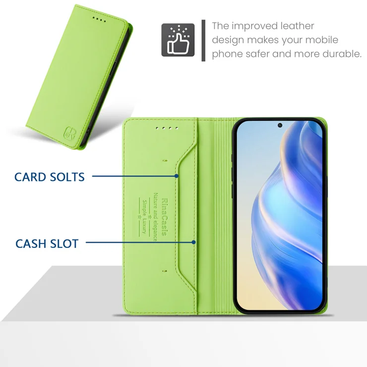 For Samsung Galaxy A35 5G Leather Case RINACASIS RC01 Phone Cover with RFID Blocking Wallet Stand - Green