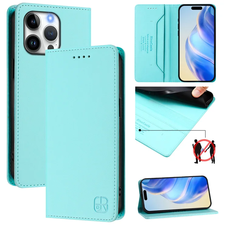 For iPhone 16 Pro Max Leather Case RINACASIS RC01 Phone Cover with RFID Blocking Wallet Stand - Mint Green