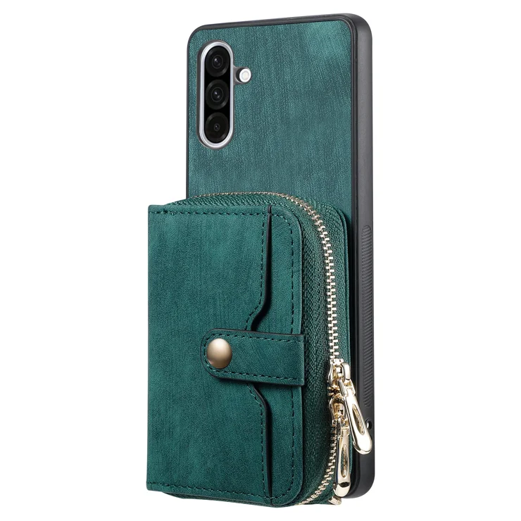 For Samsung Galaxy A36 5G PU Leather Phone Back Cover with Zipper Card Holder and Long Strap - Green