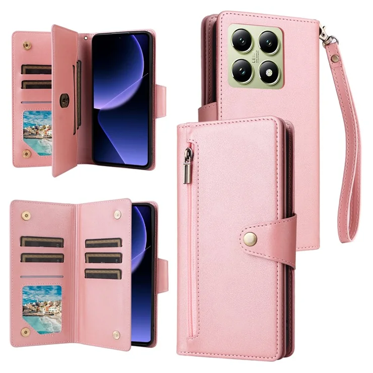 For Xiaomi 14T Case Zipper Wallet Leather Stand Phone Cover Rivet Decor - Rose Gold