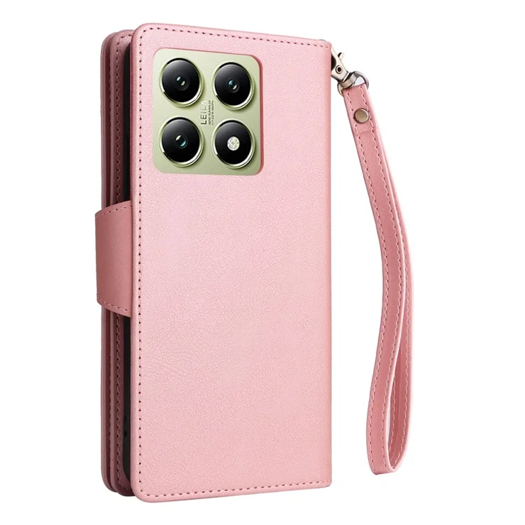 For Xiaomi 14T Case Zipper Wallet Leather Stand Phone Cover Rivet Decor - Rose Gold
