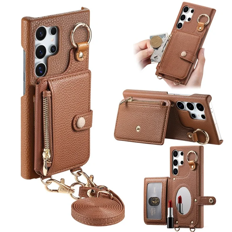 For Samsung Galaxy S24 Ultra Leather Phone Back Cover Zipper Card Holder Kickstand with Mirror and Long Strap - Brown