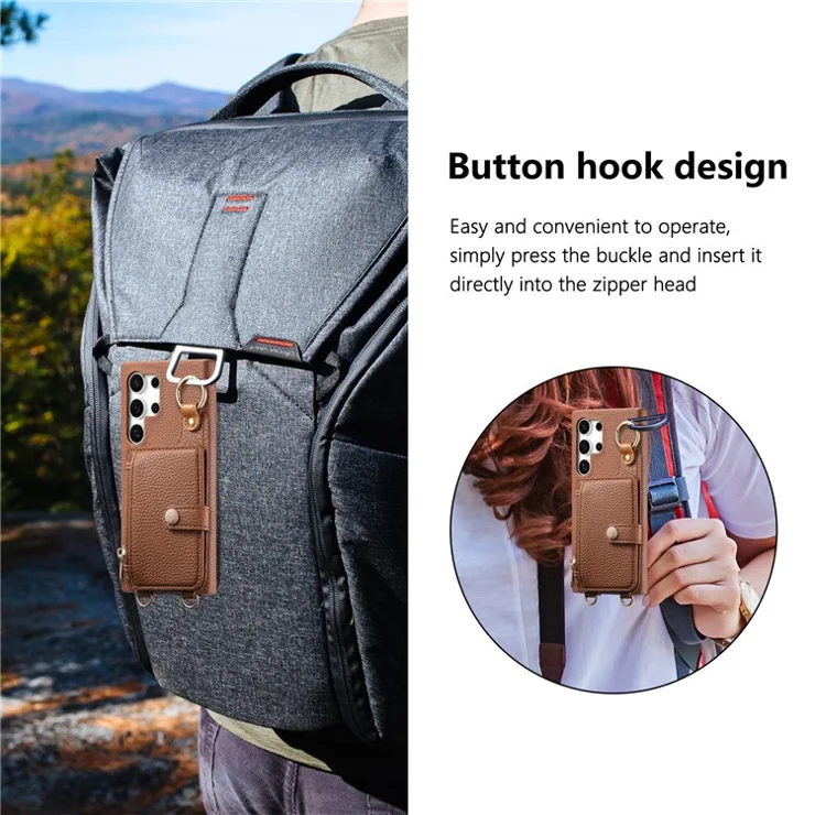 For Samsung Galaxy S24 Ultra Leather Phone Back Cover Zipper Card Holder Kickstand with Mirror and Long Strap - Brown