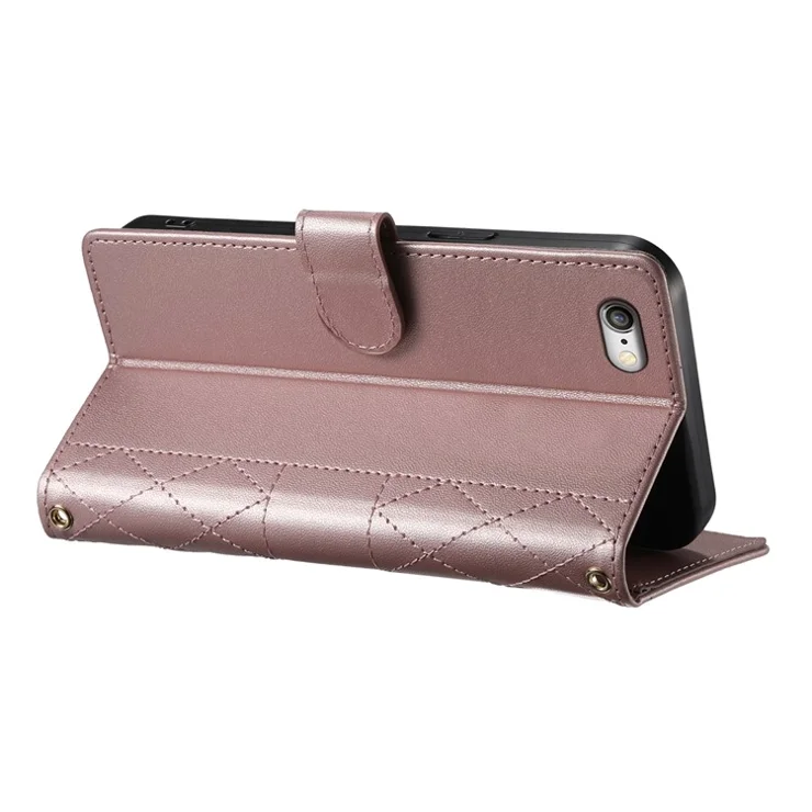 For iPhone 16e Case Rhombus Stitching Wallet Stand Leather Phone Cover with Long / Short Strap - Rose Gold