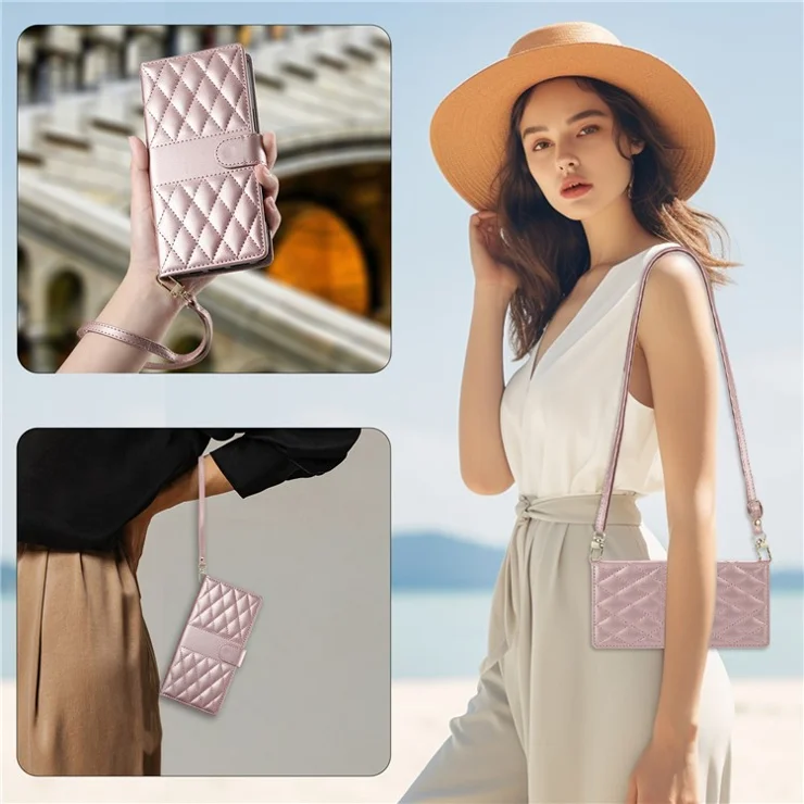For iPhone 14 Pro Max Case Rhombus Stitching Wallet Stand Leather Phone Cover with Long / Short Strap - Rose Gold