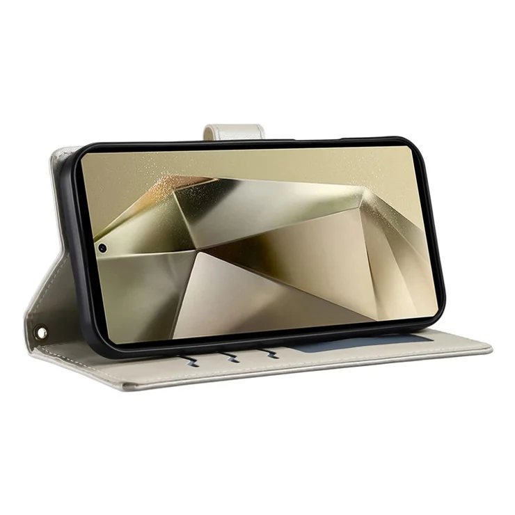 For Samsung Galaxy S24 Ultra Case Rhombus Stitching Wallet Stand Leather Phone Cover with Long / Short Strap - Beige