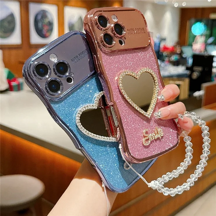 For iPhone 16 Pro Max Case Electroplated Wavy Frame Glitter TPU Phone Cover with Mirror, Strap - Dark Purple