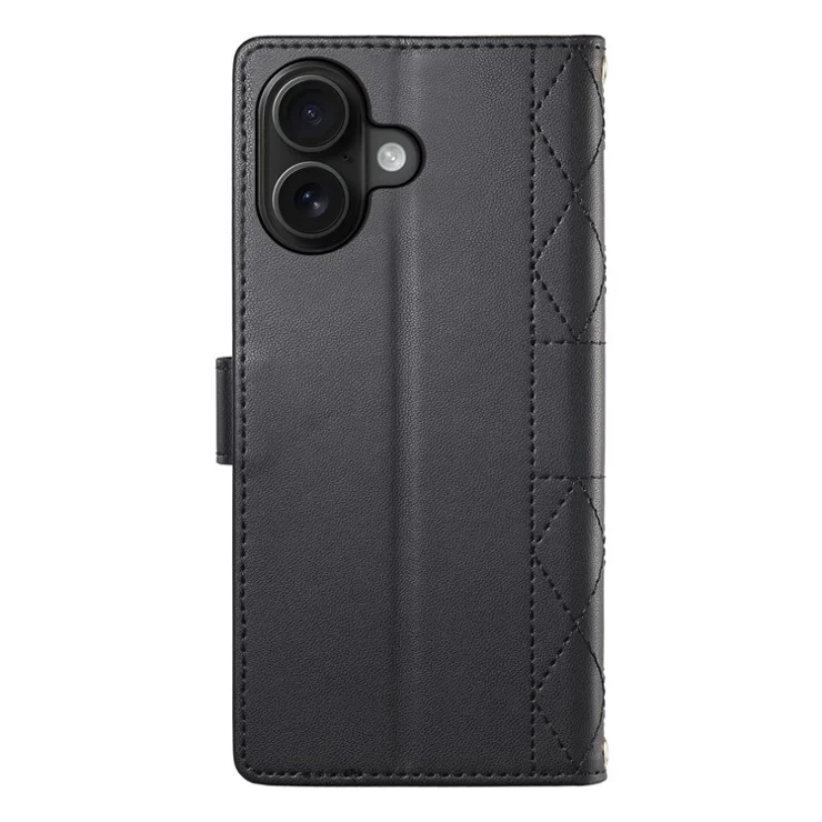 For iPhone 16 Case Rhombus Stitching Wallet Stand Leather Phone Cover with Long / Short Strap - Black