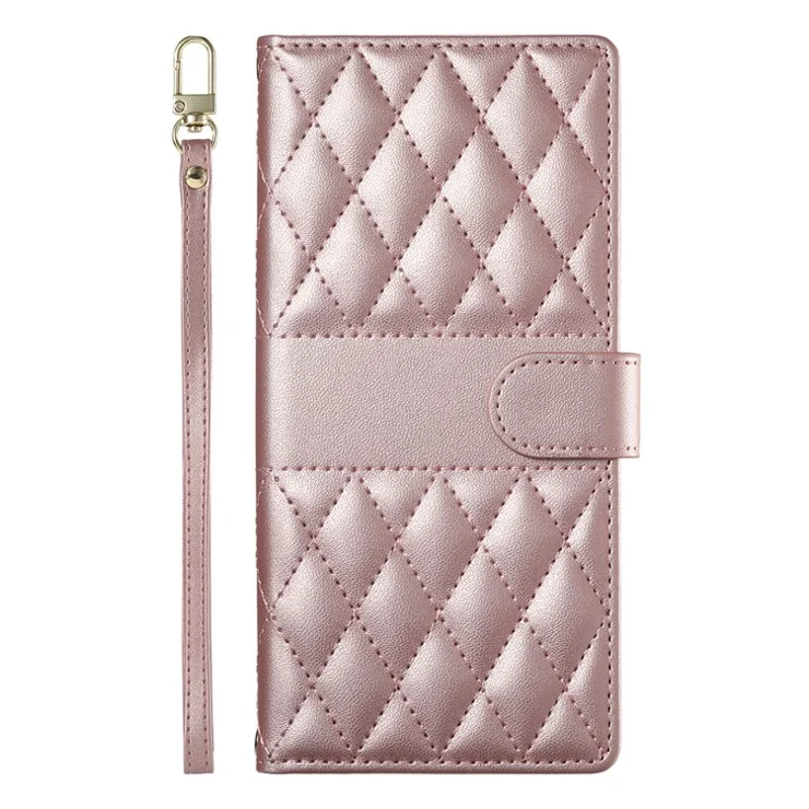 For iPhone 16 Pro Case Rhombus Stitching Wallet Stand Leather Phone Cover with Long / Short Strap - Rose Gold