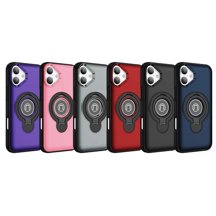 For iPhone 16 Case TPU + PC Magnetic Car Mount Phone Cover with Ring Kickstand - Grey
