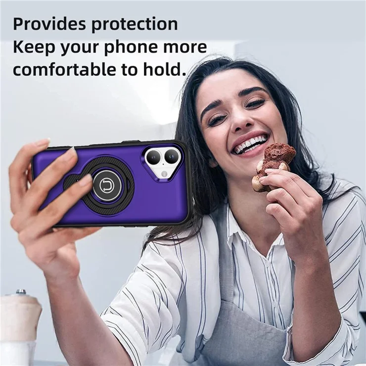 For iPhone 16 Case TPU + PC Magnetic Car Mount Phone Cover with Ring Kickstand - Dark Purple