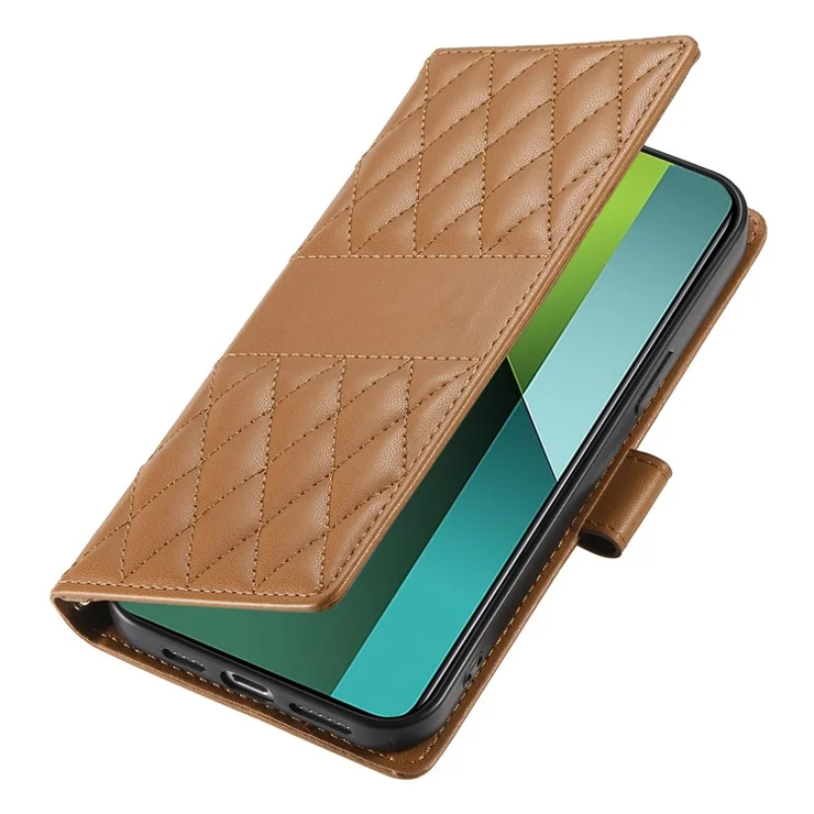 For Xiaomi Redmi Note 13 Pro 5G Case Rhombus Stitching Wallet Stand Leather Phone Cover with Long / Short Strap - Brown