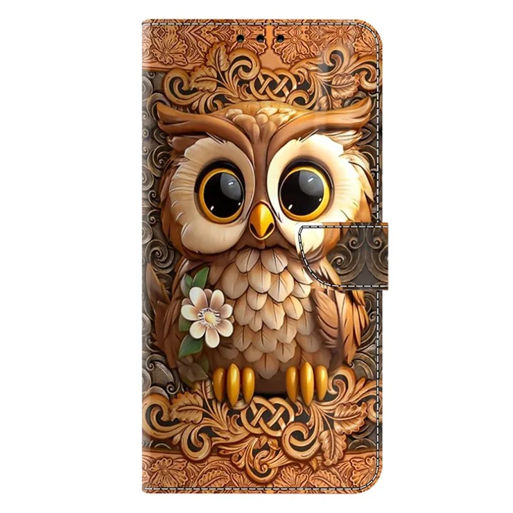 For Xiaomi Redmi Note 14 Pro 5G Case with Card Slot Pattern Printed TPU+PU Leather Flip Phone Cover - Red Owl