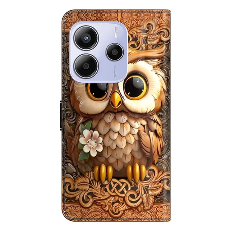 For Xiaomi Redmi Note 14 5G Case with Card Slot Pattern Printed TPU+PU Leather Flip Phone Cover - Red Owl