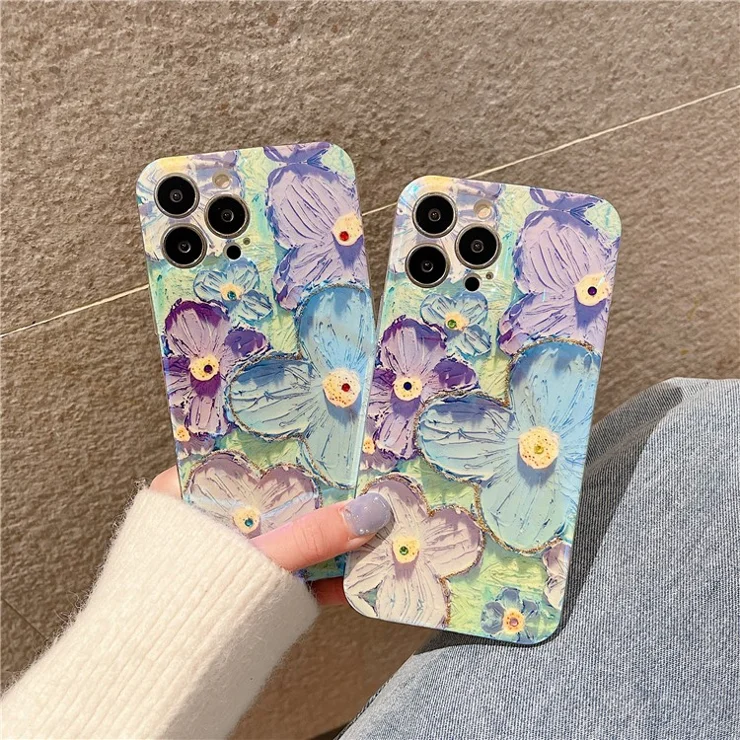 For iPhone 16 Pro Max Case Floral Pattern IMD TPU Phone Back Cover Rhinestone Decor - Purple Flower