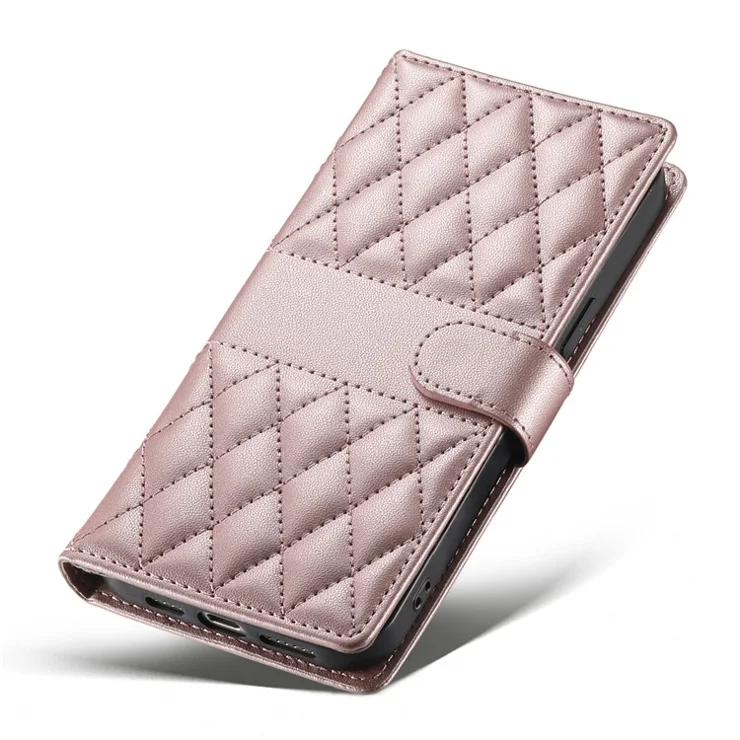 For Xiaomi 14T Case Rhombus Stitching Wallet Stand Leather Phone Cover with Long / Short Strap - Rose Gold