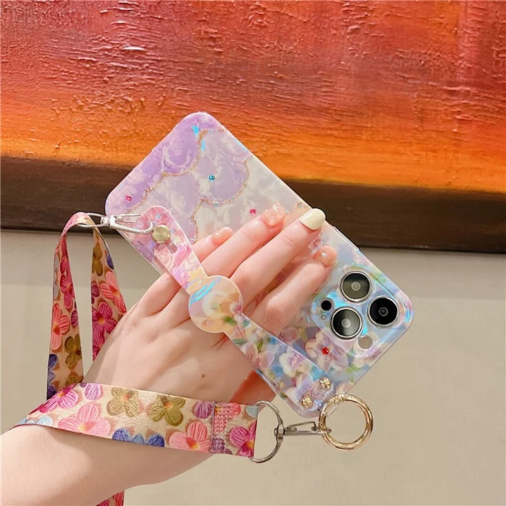 For iPhone 16 Pro Case with Strap Kickstand, Shoulder Lanyard Floral Pattern IMD TPU Phone Cover - Sakura