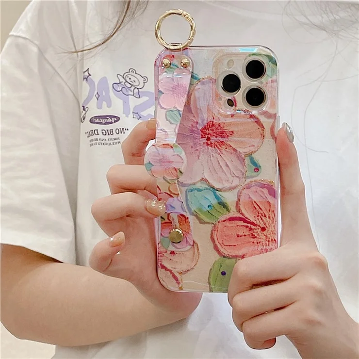 For iPhone 16 Pro Case with Strap Kickstand, Shoulder Lanyard Floral Pattern IMD TPU Phone Cover - Peach Blossom