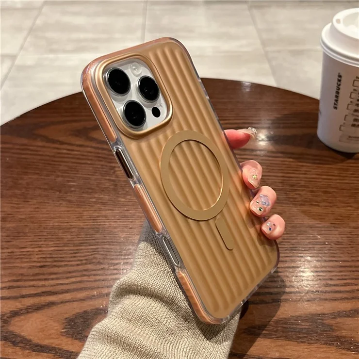 For iPhone 16 Pro Max Magnetic Case Corrugated Design PC + TPU Shockproof Phone Back Cover - Gold