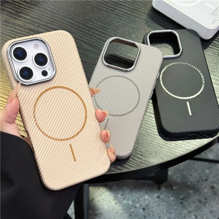 For iPhone 16 Pro Magnetic Case Carbon Fiber Texture PC Phone Protector with Metal Lens Frame - Grey