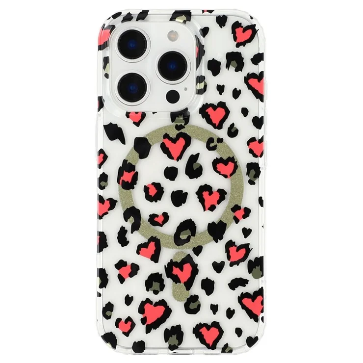 For iPhone 16 Pro Max Magnetic Case Clear Anti-Yellowing PC + TPU Phone Back Cover Leopard Print Design - Red