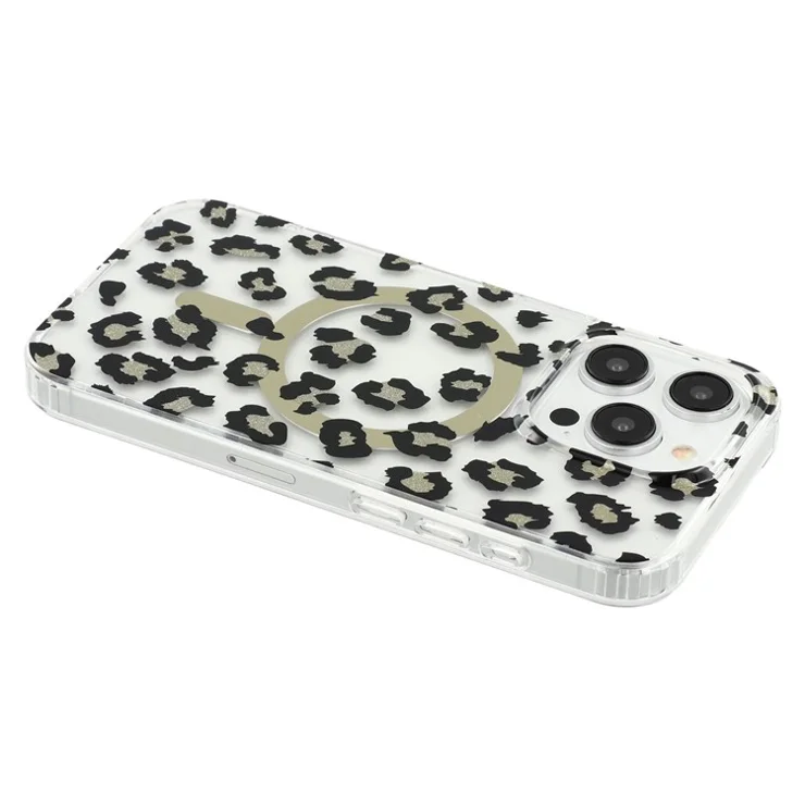 For iPhone 15 Pro Max Magnetic Case Clear Anti-Yellowing PC + TPU Phone Back Cover Leopard Print Design - Black