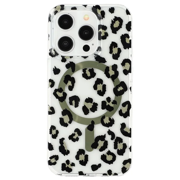 For iPhone 15 Pro Magnetic Case Clear Anti-Yellowing PC + TPU Phone Back Cover Leopard Print Design - Black