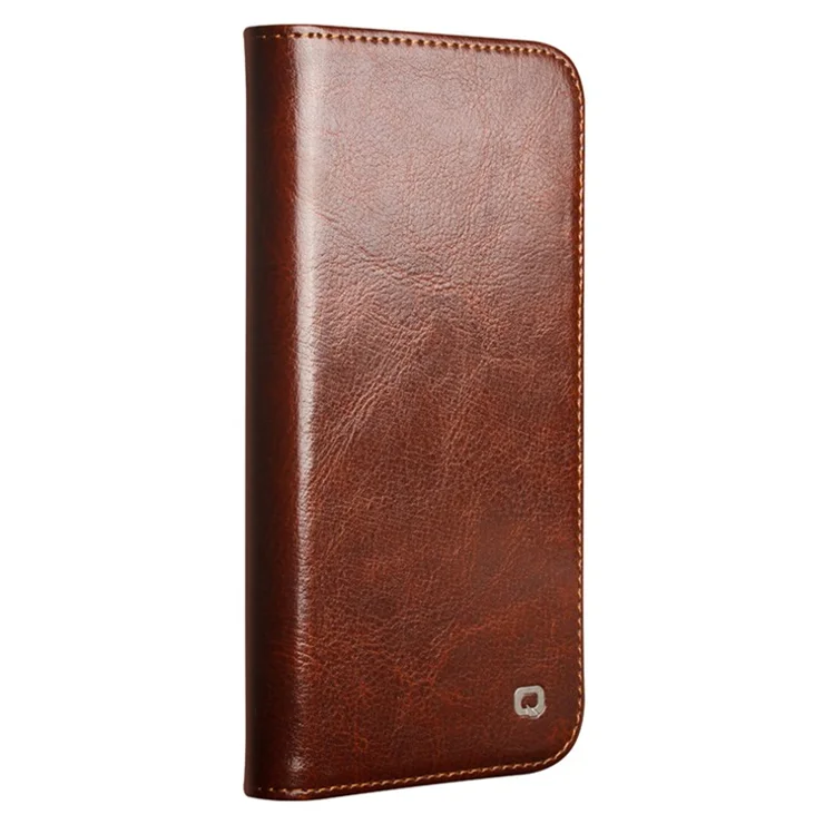 QIALINO For iPhone 16e Case with Card Holder Genuine Cow Leather Stand Phone Cover - Brown