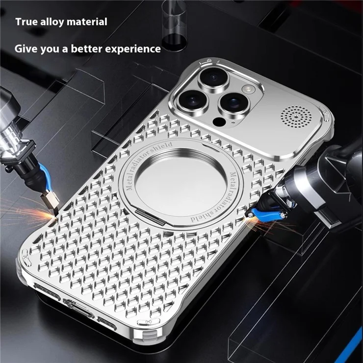 R-JUST RJ64 For iPhone 15 Pro Max Magnetic Case Aluminum Alloy Perfume Cooling Phone Cover with Rotating Kickstand - Grey