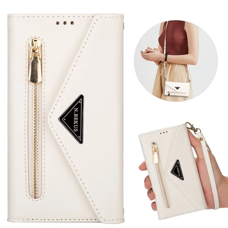 N.BEKUS For Samsung Galaxy S25 Edge Cases Skin-Touch Leather Wallet Phone Cover with Straps - White